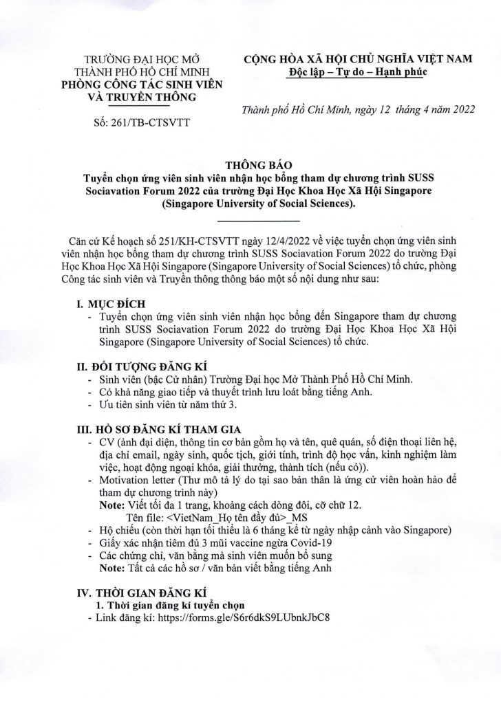 Thông báo tuyển chọn ứng viên là sinh viên nhận học bổng tham dự chương  trình SUSS Sociavation Forum 2022 của Trường Đại học Khoa học xã hội  Singapore - Xã hội
